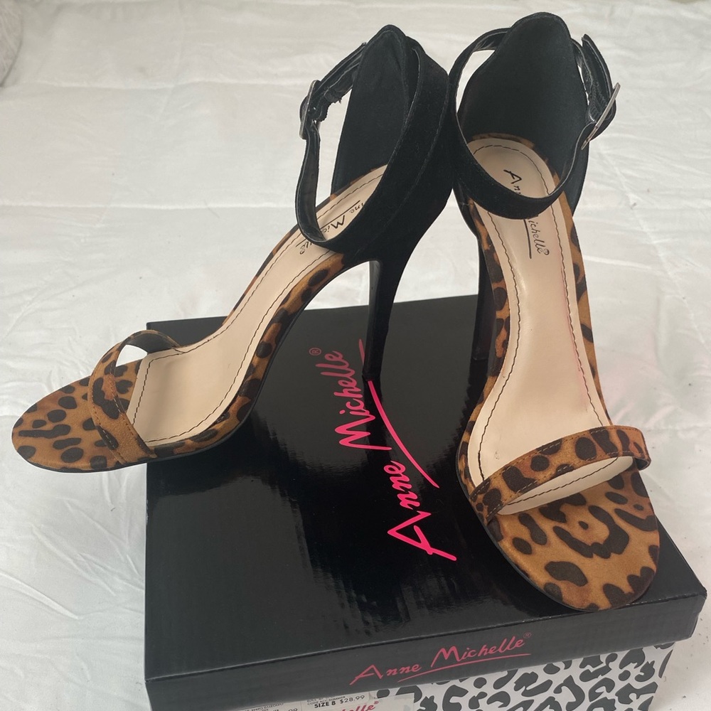 Anne Michelle Leopard Print and Black Ankle Strap Heels